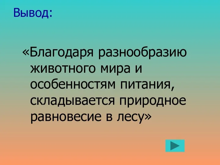 Вывод: «Благодаря разнообразию животного мира и особенностям питания, складывается природное равновесие в лесу»