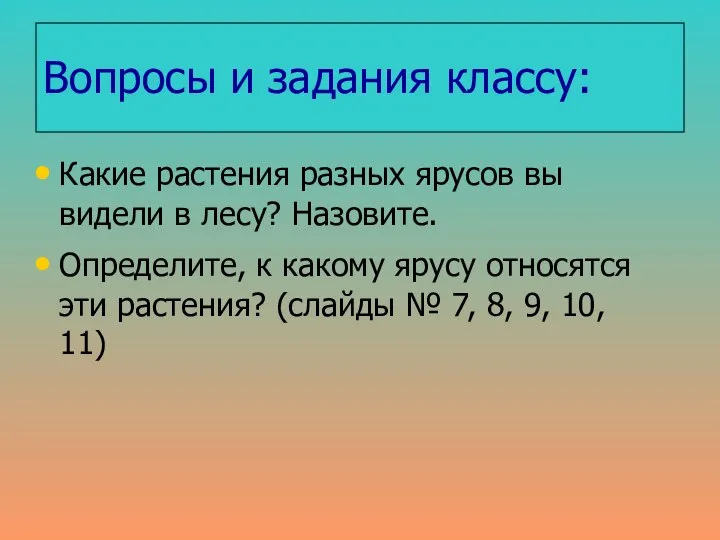 Вопросы и задания классу: Какие растения разных ярусов вы видели в