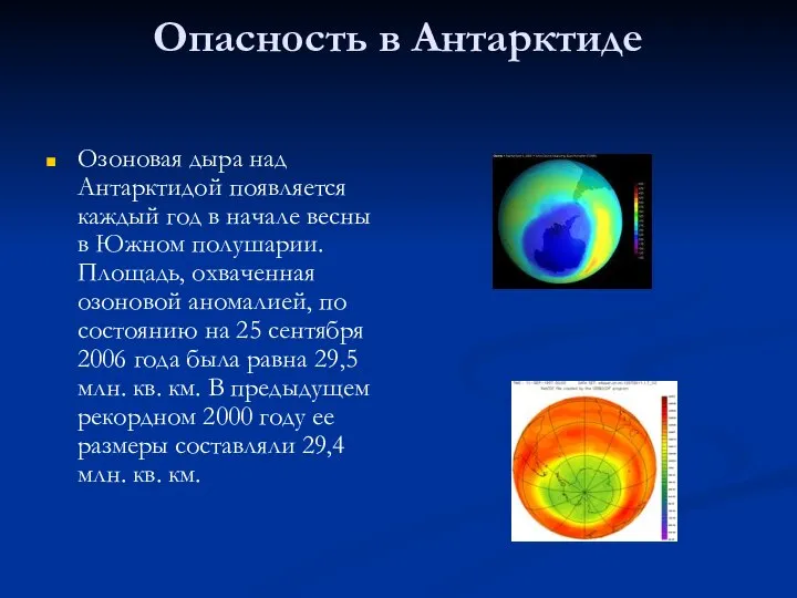 Опасность в Антарктиде Озоновая дыра над Антарктидой появляется каждый год в