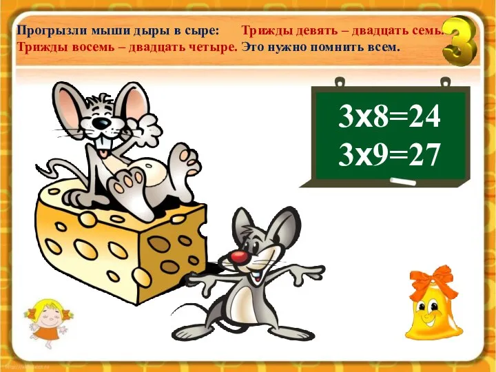 3х8=24 3х9=27 Прогрызли мыши дыры в сыре: Трижды восемь – двадцать