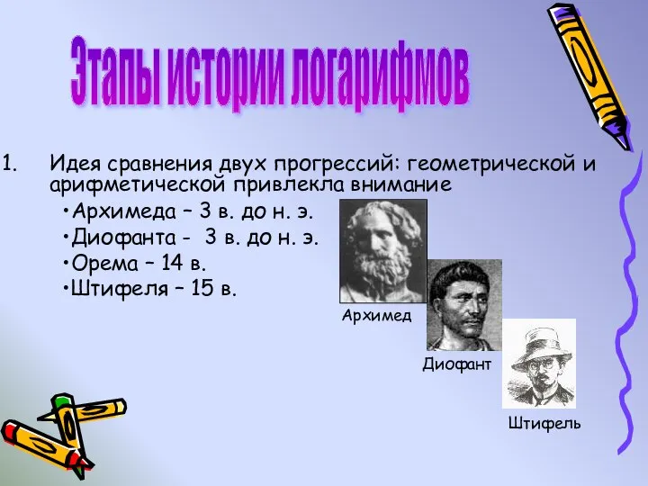 Идея сравнения двух прогрессий: геометрической и арифметической привлекла внимание Этапы истории