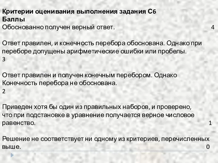 Критерии оценивания выполнения задания С6 Баллы Обоснованно получен верный ответ. 4