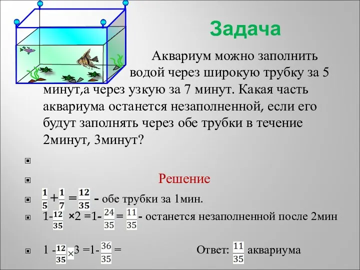 Задача Аквариум можно заполнить вод водой через широкую трубку за 5