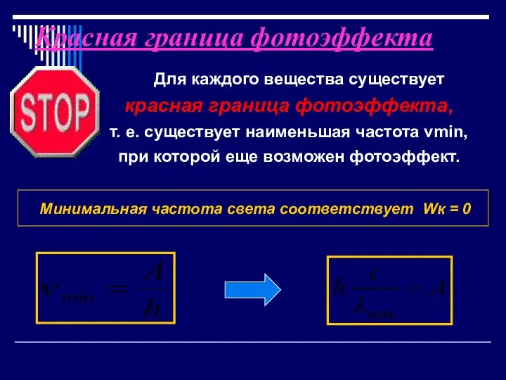 Красная граница фотоэффекта Для каждого вещества существует красная граница фотоэффекта, т.