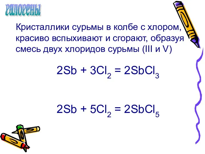 галогены галогены галогены галогены Кристаллики сурьмы в колбе с хлором, красиво