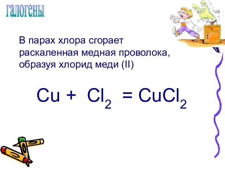 галогены В парах хлора сгорает раскаленная медная проволока, образуя хлорид меди