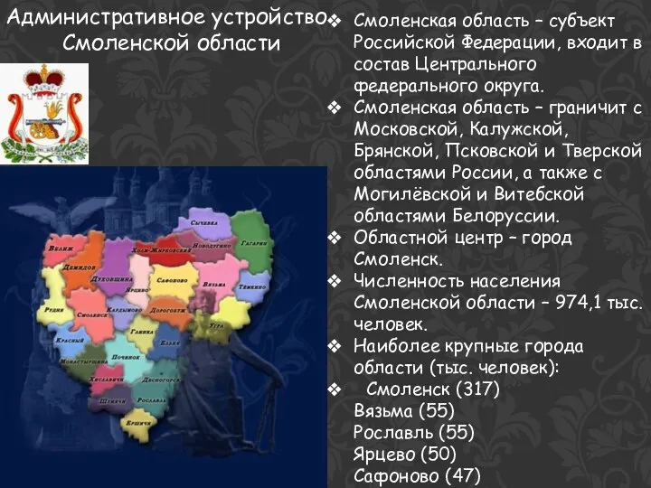 Смоленская область – субъект Российской Федерации, входит в состав Центрального федерального