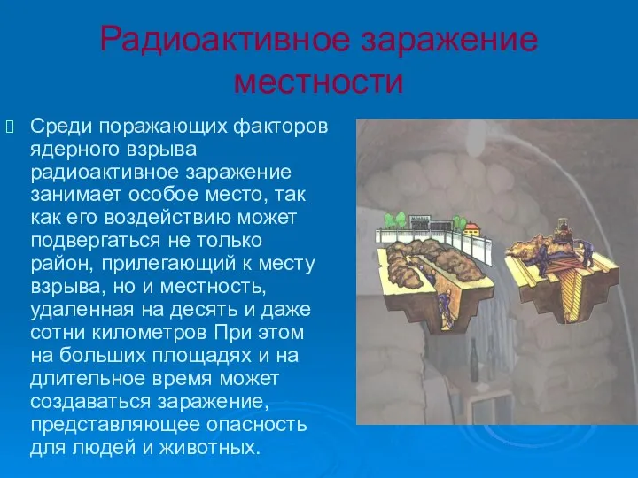 Радиоактивное заражение местности Среди поражающих факторов ядерного взрыва радиоактивное заражение занимает