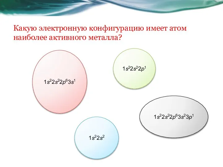 Какую электронную конфигурацию имеет атом наиболее активного металла? 1s22s22p1 1s22s22p63s1 1s22s22p63s23p1 1s22s2