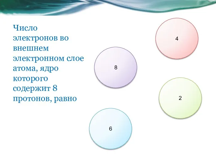 Число электронов во внешнем электронном слое атома, ядро которого содержит 8