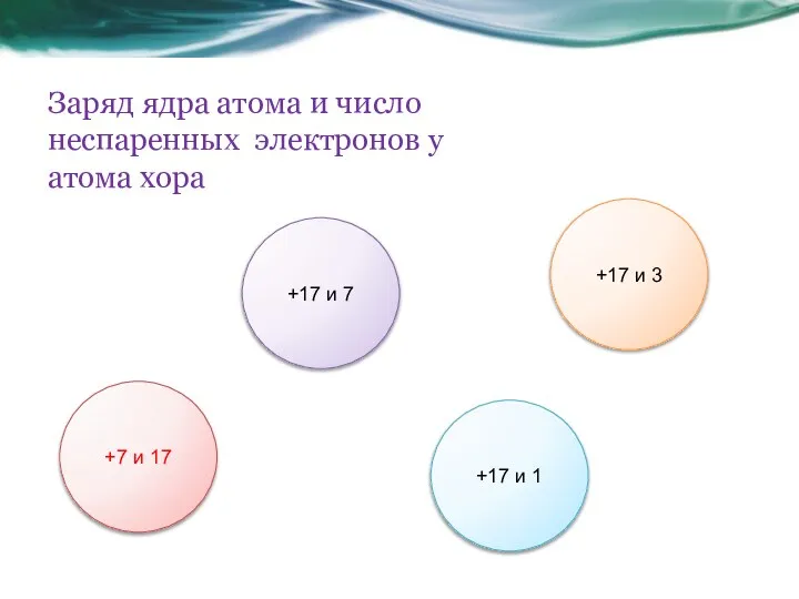 Заряд ядра атома и число неспаренных электронов у атома хора +7