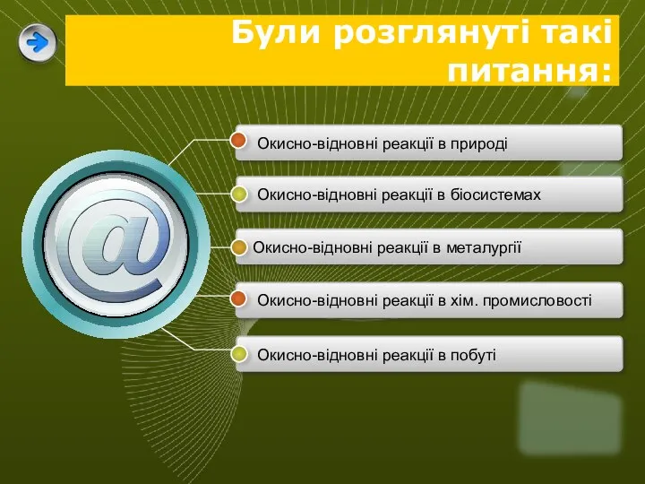 Були розглянуті такі питання: Окисно-відновні реакції в природі Окисно-відновні реакції в