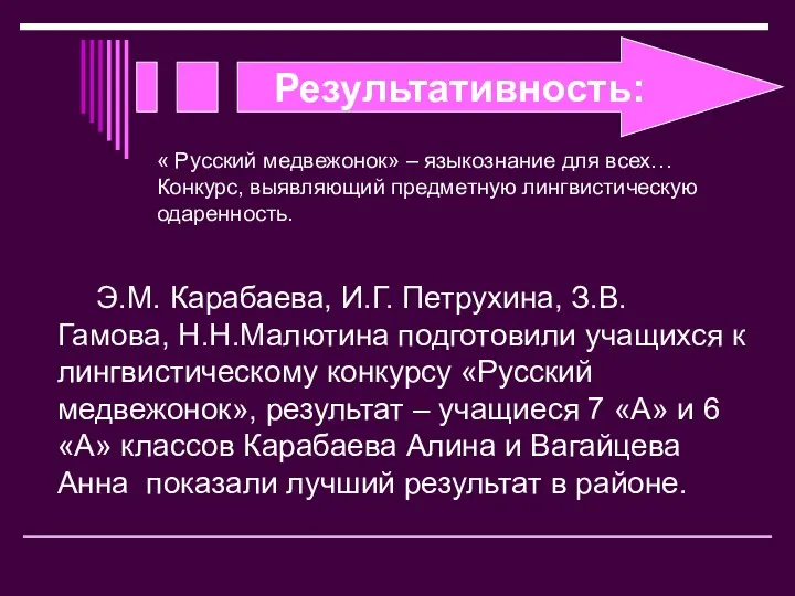 Результативность: Э.М. Карабаева, И.Г. Петрухина, З.В. Гамова, Н.Н.Малютина подготовили учащихся к