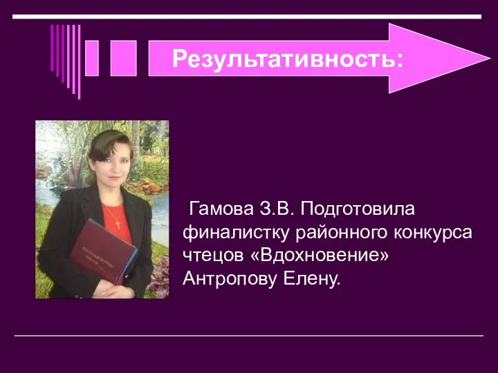 Результативность: Гамова З.В. Подготовила финалистку районного конкурса чтецов «Вдохновение» Антропову Елену.