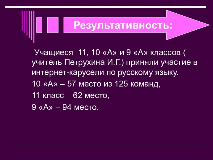 Результативность: Учащиеся 11, 10 «А» и 9 «А» классов ( учитель