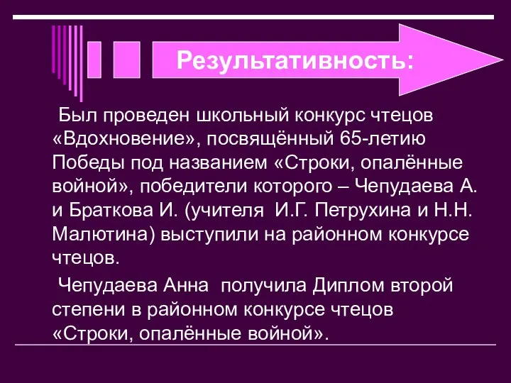 Результативность: Был проведен школьный конкурс чтецов «Вдохновение», посвящённый 65-летию Победы под