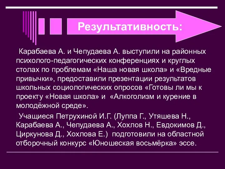 Результативность: Карабаева А. и Чепудаева А. выступили на районных психолого-педагогических конференциях