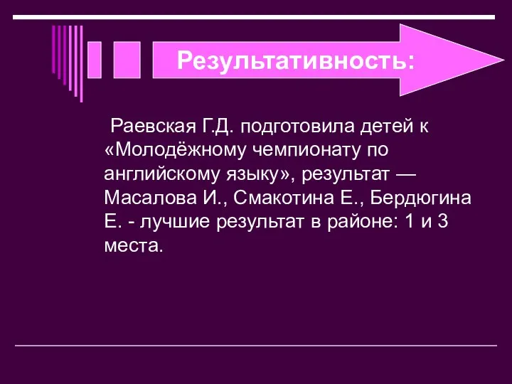 Результативность: Раевская Г.Д. подготовила детей к «Молодёжному чемпионату по английскому языку»,