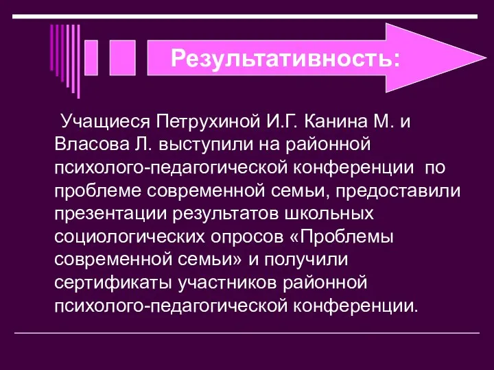 Результативность: Учащиеся Петрухиной И.Г. Канина М. и Власова Л. выступили на