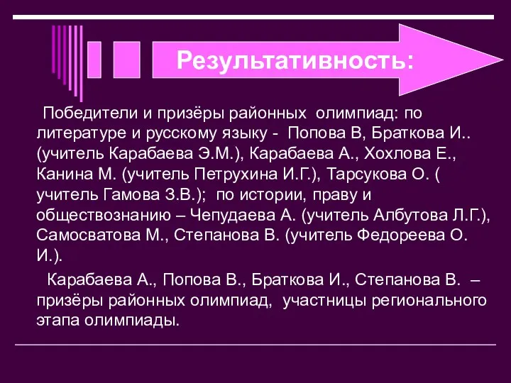 Результативность: Победители и призёры районных олимпиад: по литературе и русскому языку