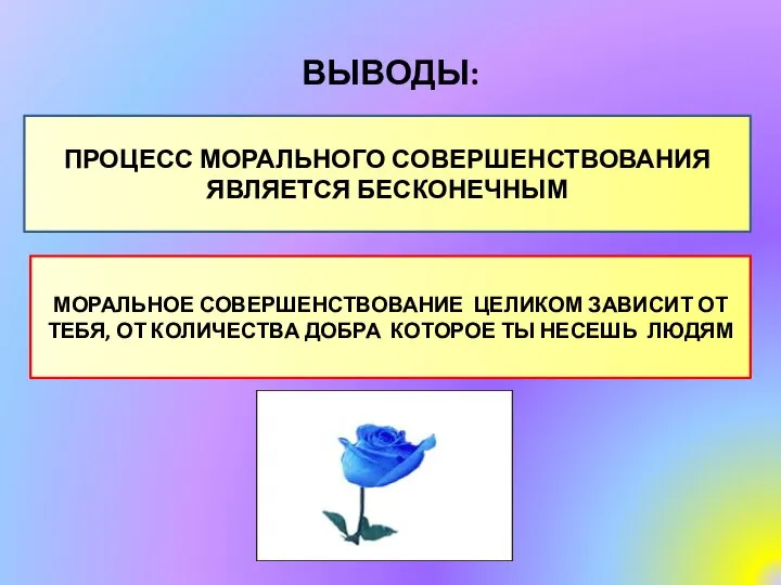 ВЫВОДЫ: ПРОЦЕСС МОРАЛЬНОГО СОВЕРШЕНСТВОВАНИЯ ЯВЛЯЕТСЯ БЕСКОНЕЧНЫМ МОРАЛЬНОЕ СОВЕРШЕНСТВОВАНИЕ ЦЕЛИКОМ ЗАВИСИТ ОТ