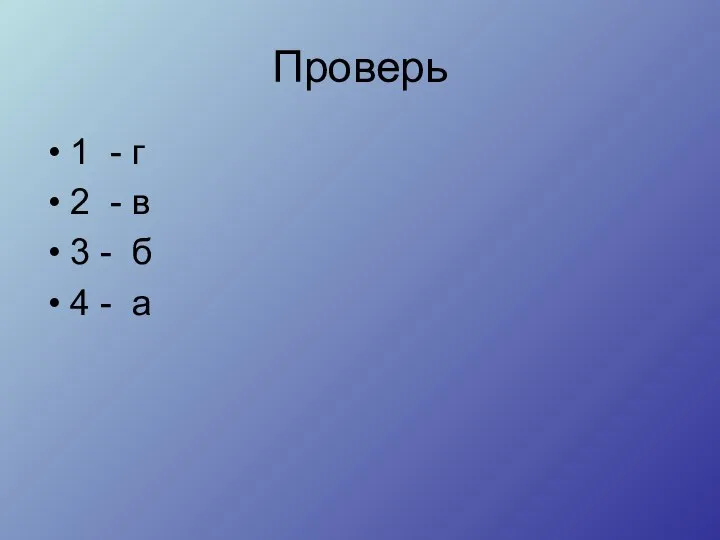 Проверь 1 - г 2 - в 3 - б 4 - а