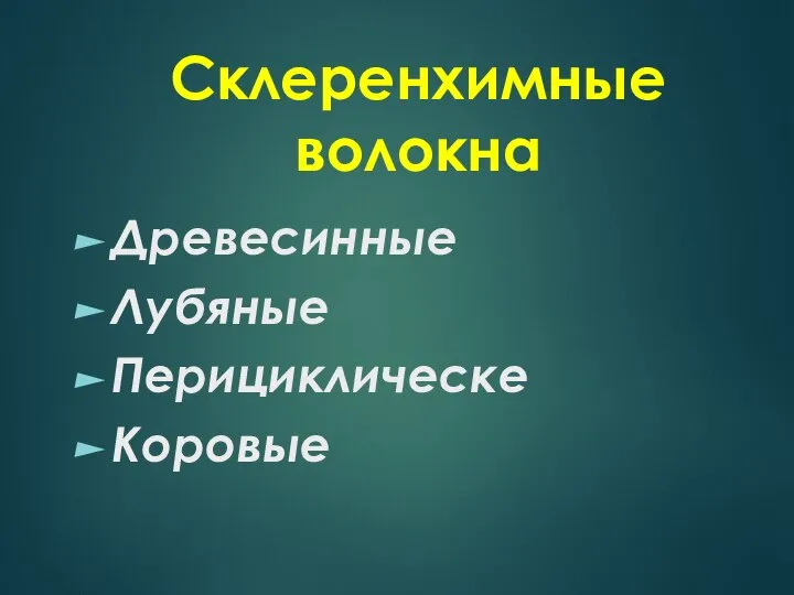 Склеренхимные волокна Древесинные Лубяные Перициклическе Коровые