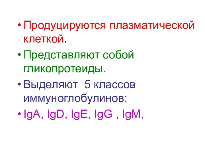 Продуцируются плазматической клеткой. Представляют собой гликопротеиды. Выделяют 5 классов иммуноглобулинов: IgA, IgD, IgE, IgG , IgM,