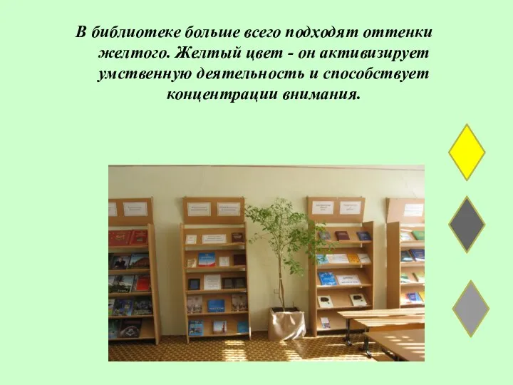 В библиотеке больше всего подходят оттенки желтого. Желтый цвет - он