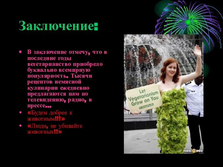 Заключение: В заключение отмечу, что в последние годы вегетарианство приобрело буквально