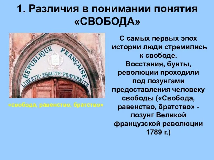 1. Различия в понимании понятия «СВОБОДА» «свобода, равенство, братство» С самых