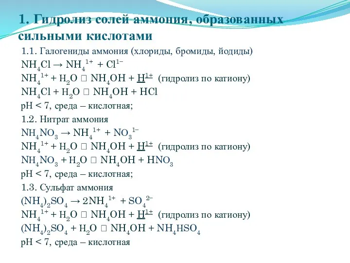 1. Гидролиз солей аммония, образованных сильными кислотами 1.1. Галогениды аммония (хлориды,