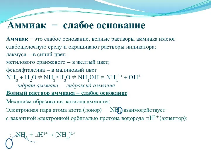 Аммиак − слабое основание Аммиак − это слабое основание, водные растворы