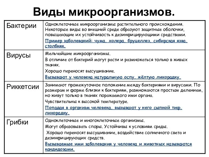 Виды микроорганизмов.