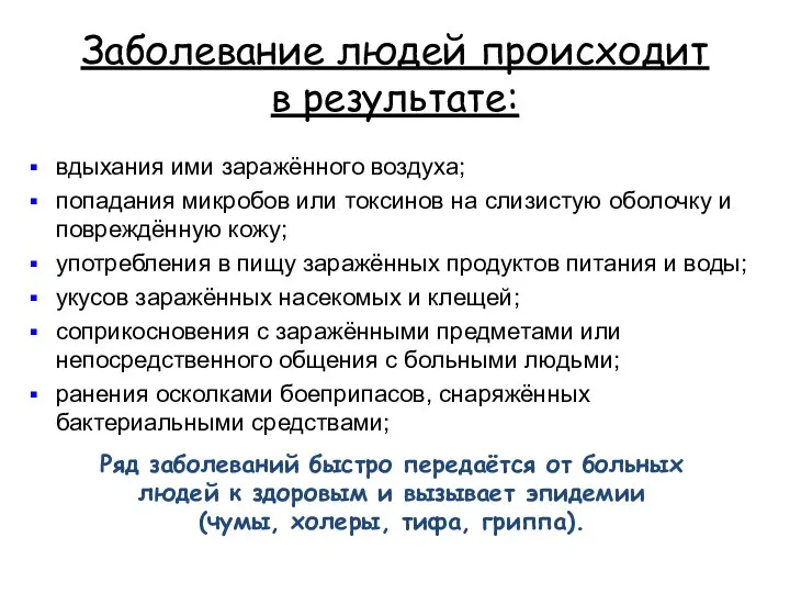 Заболевание людей происходит в результате: вдыхания ими заражённого воздуха; попадания микробов