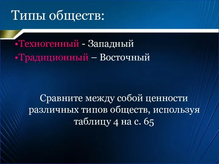 Типы обществ: Техногенный - Западный Традиционный – Восточный Сравните между собой