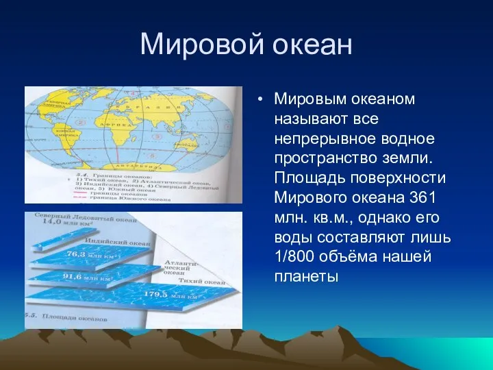 Мировой океан Мировым океаном называют все непрерывное водное пространство земли. Площадь