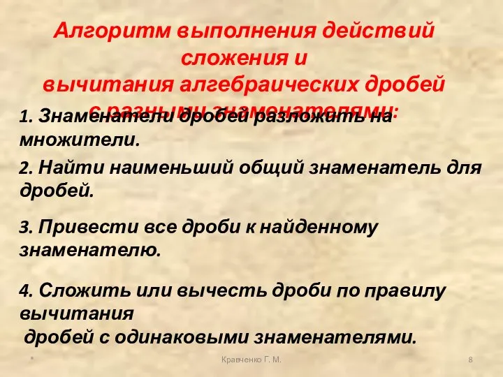 * Кравченко Г. М. Алгоритм выполнения действий сложения и вычитания алгебраических