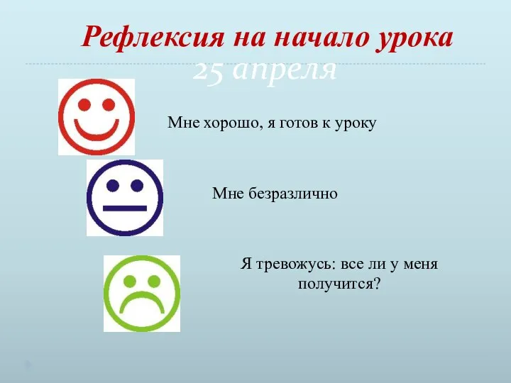 25 апреля Мне хорошо, я готов к уроку Мне безразлично Я