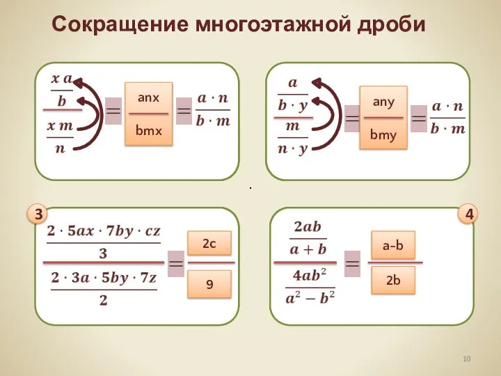 Сокращение многоэтажной дроби anx bmx any bmy 2c 9 2b a-b 4 3