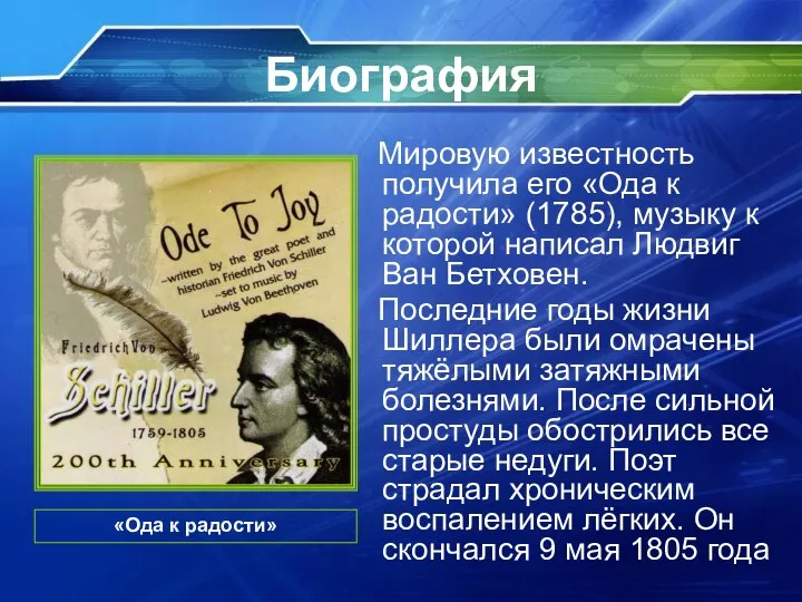 Биография Мировую известность получила его «Ода к радости» (1785), музыку к