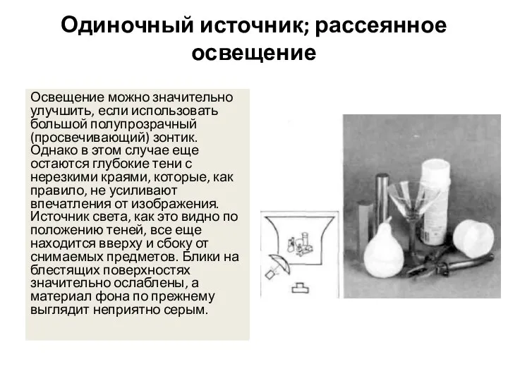 Одиночный источник; рассеянное освещение Освещение можно значительно улучшить, если использовать большой