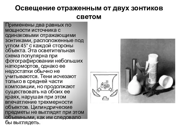 Освещение отраженным от двух зонтиков светом Применены два равных по мощности