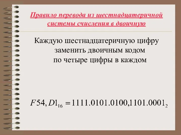 Правило перевода из шестнадцатеричной системы счисления в двоичную Каждую шестнадцатеричную цифру