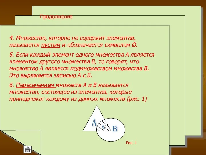 Продолжение 4. Множество, которое не содержит элементов, называется пустым и обозначается