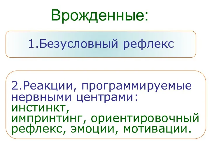 1.Безусловный рефлекс 2.Реакции, программируемые нервными центрами: инстинкт, импринтинг, ориентировочный рефлекс, эмоции, мотивации. Врожденные: