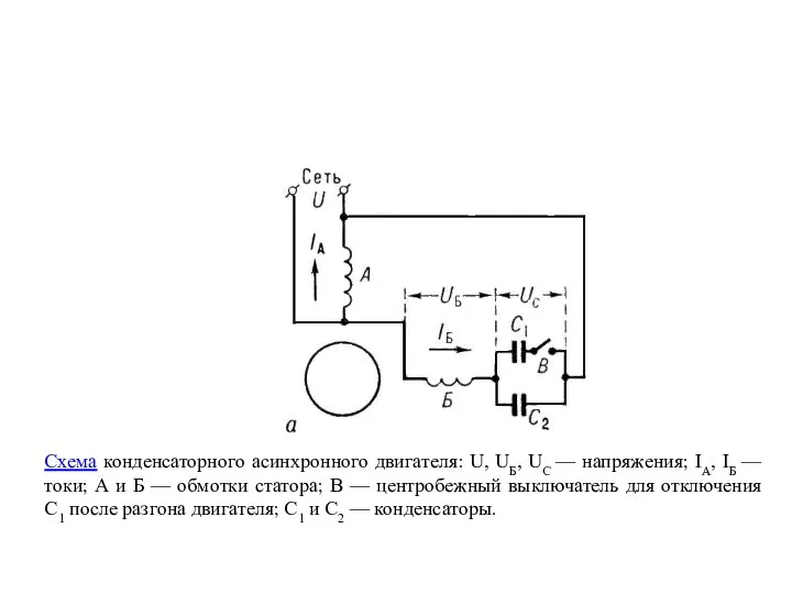 Схема конденсаторного асинхронного двигателя: U, UБ, UC — напряжения; IA, IБ