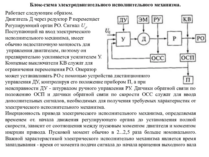 Блок-схема электродвигательного исполнительного механизма. Работает следующим образом. Двигатель Д через редуктор