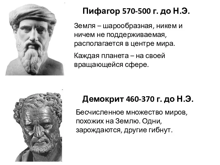 Пифагор 570-500 г. до Н.Э. Демокрит 460-370 г. до Н.Э. Земля