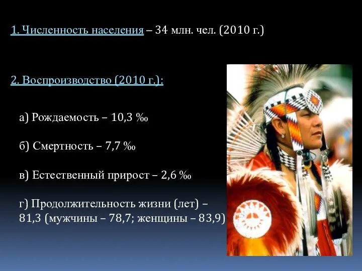 1. Численность населения – 34 млн. чел. (2010 г.) 2. Воспроизводство